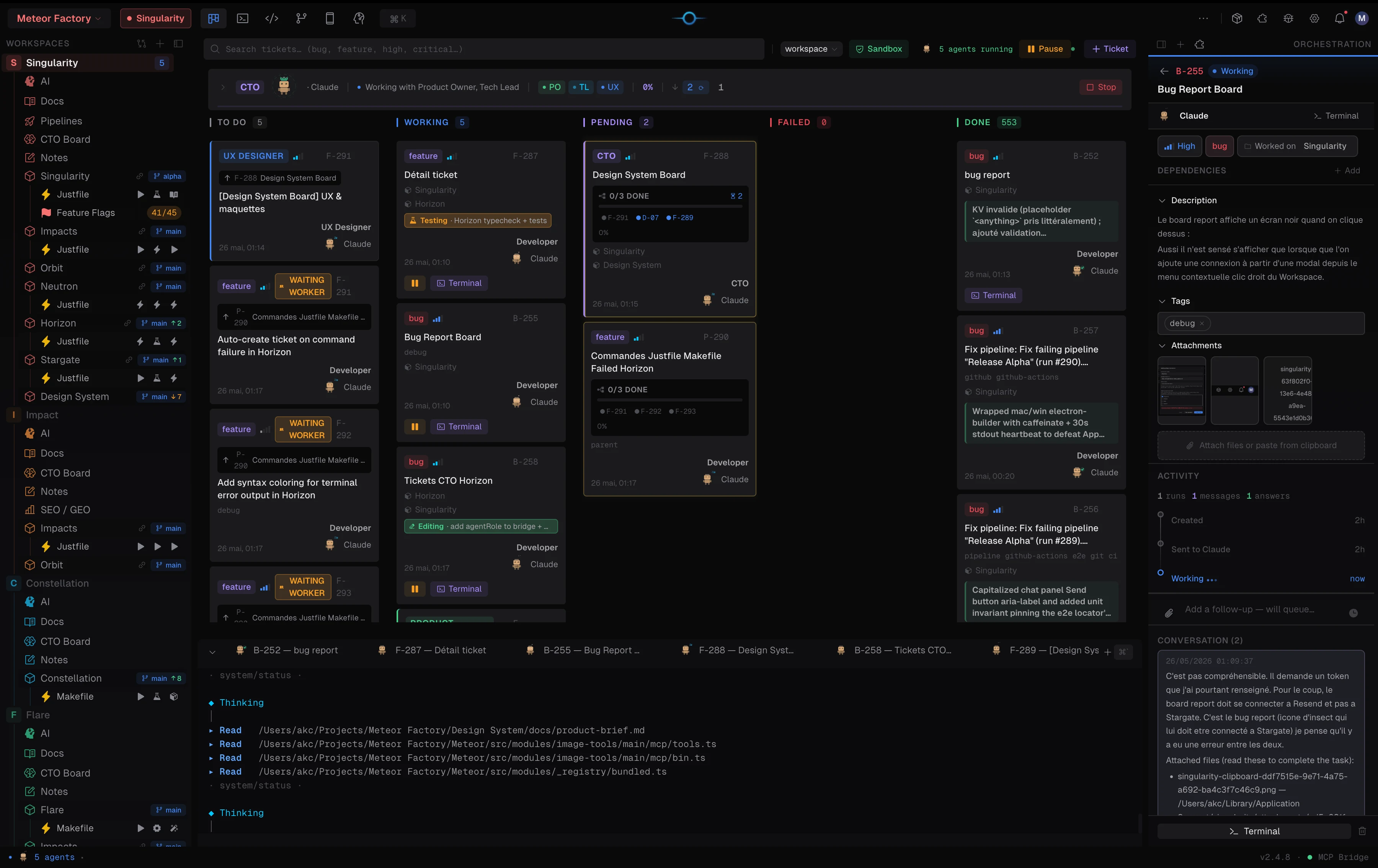 Vue d'ensemble du board kanban de Singularity avec plusieurs tickets en parallèle et le panneau d'orchestration sur la droite