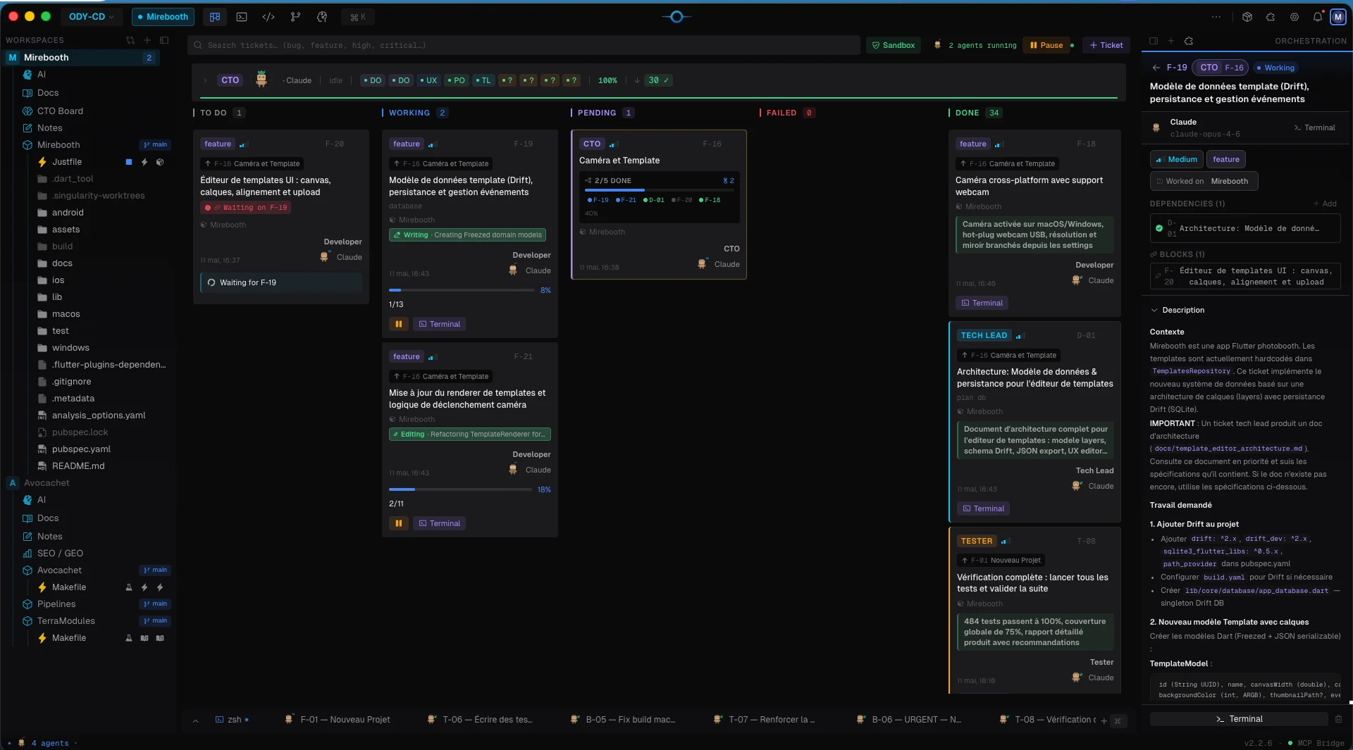 Détail d'un ticket Singularity avec contexte, spécifications, statut et activité de l'agent en cours