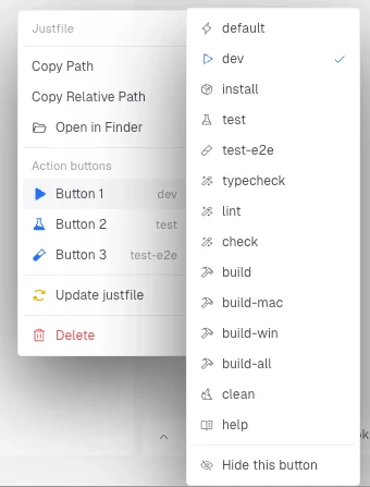 Le menu d'un Justfile dans Singularity : la liste complète des recettes et les trois boutons d'action configurables (dev, test, test-e2e)