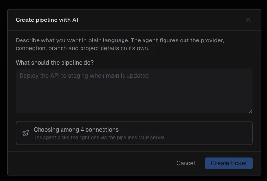 Modale 'Create pipeline with AI' de Singularity : on décrit en langage naturel ce que la pipeline doit faire, l'agent choisit le provider, la connexion et la branche